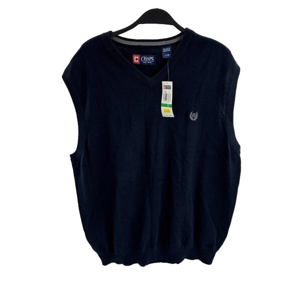Chaps Mens L Sweater Vest Navy Blue Knit V Neck Pullover Cotton Classic Golf - Picture 1 of 6